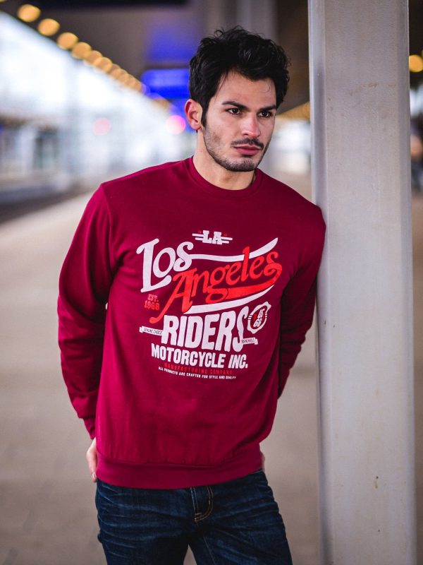 Wholesale Burgundy sweatshirt for men with text print and welts