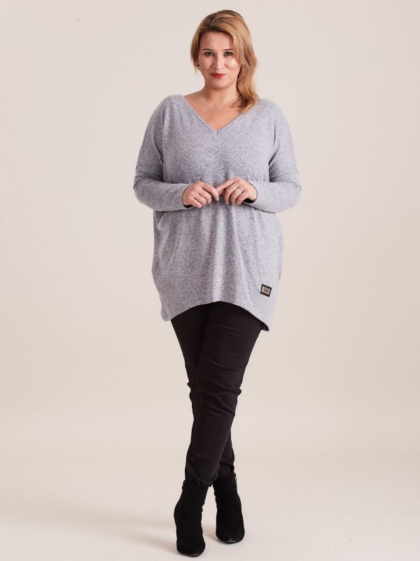 Wholesale Grey light V-neck melange sweater PLUS SIZE