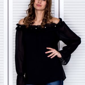 Wholesale Women's blouse with decorative neckline black