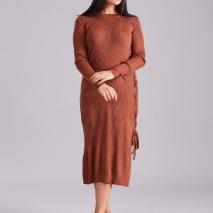 Wholesale Brown knitted dress with side lacing