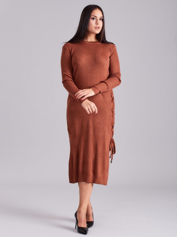 Wholesale Brown knitted dress with side lacing