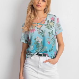 Wholesale Blue floral blouse with stripes