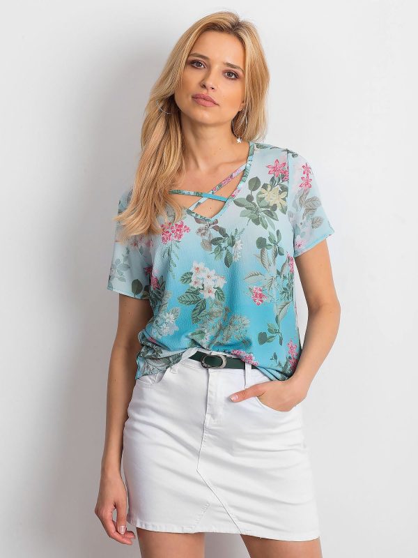 Wholesale Blue floral blouse with stripes