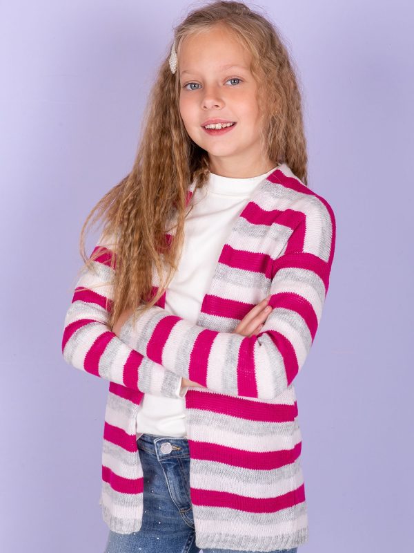 Wholesale Dark pink sweater for girl with colorful stripes