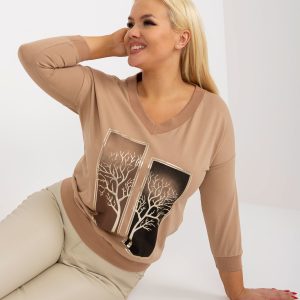 Wholesale Camel plus size blouse with V-neck print