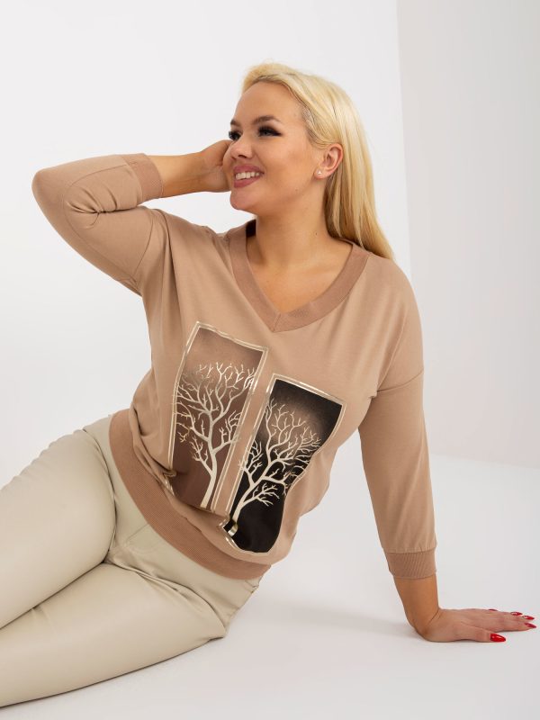 Wholesale Camel plus size blouse with V-neck print