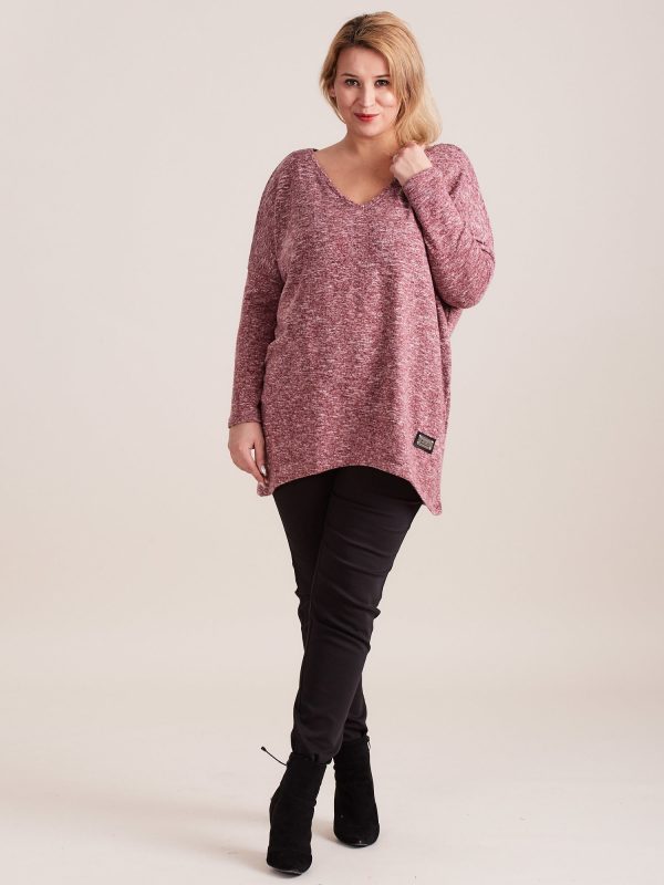 Wholesale Burgundy light melange sweater V-neck PLUS SIZE