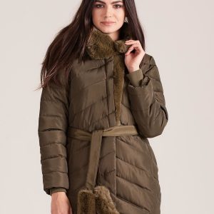 Wholesale Khaki quilted winter jacket with fur