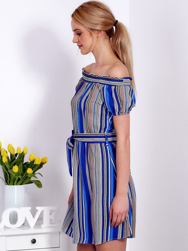 Wholesale Striped Off Shoulder Blue Dress