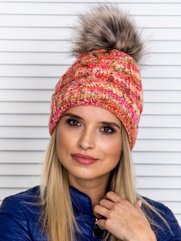 Wholesale Insulated melange braid cap with multicolor pompom