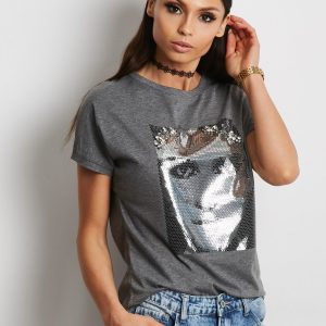 Wholesale T-shirt with glossy face print dark grey