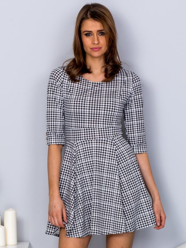 Wholesale Black Flared Checkered Dress