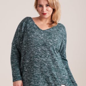 Wholesale Dark green light V-neck melange sweater PLUS SIZE