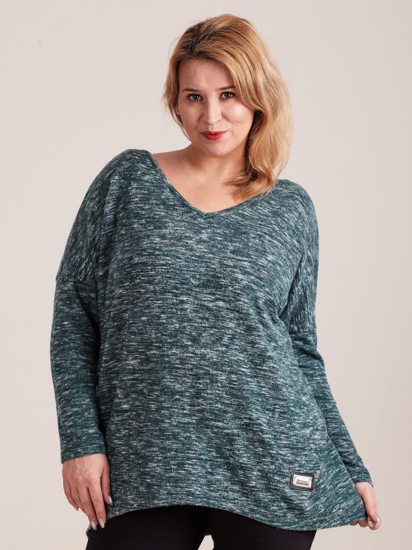 Wholesale Dark green light V-neck melange sweater PLUS SIZE