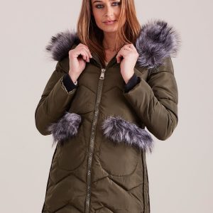 Wholesale Khaki winter jacket with fur trim