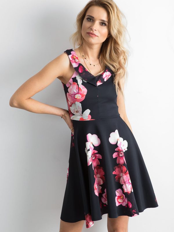 Wholesale Women's dress black with exotic flowers