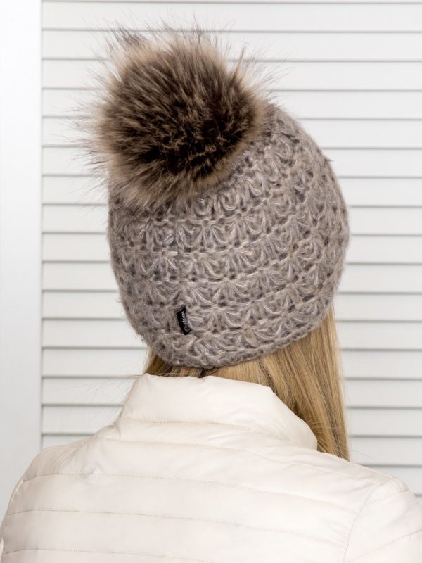 Wholesale Yarn hat with pompom and dark beige wool