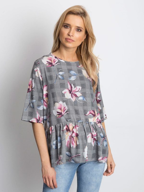 Wholesale Women's black blouse with colorful flowers