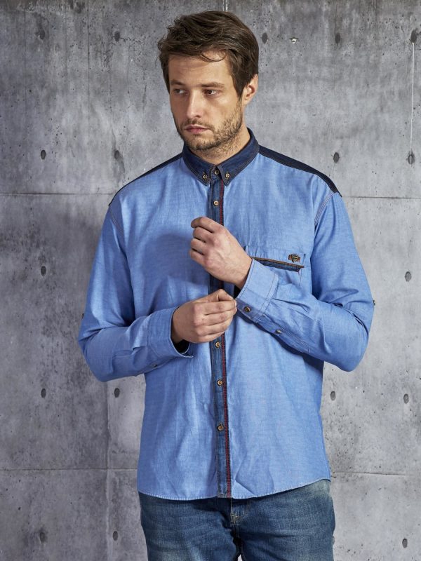 Wholesale Men's Cotton Plain Shirt with Pocket Blue PLUS SIZE