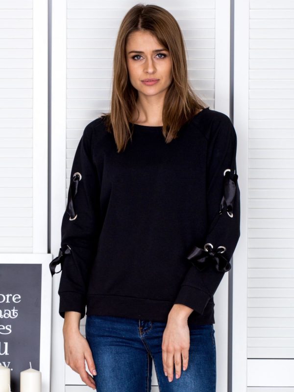 Wholesale Black sweatshirt with bows on the sleeves