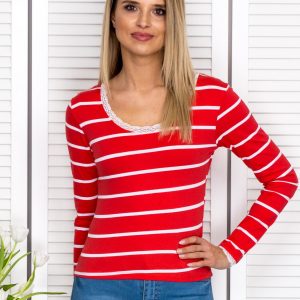 Wholesale Coral Striped Blouse with Lace Trim