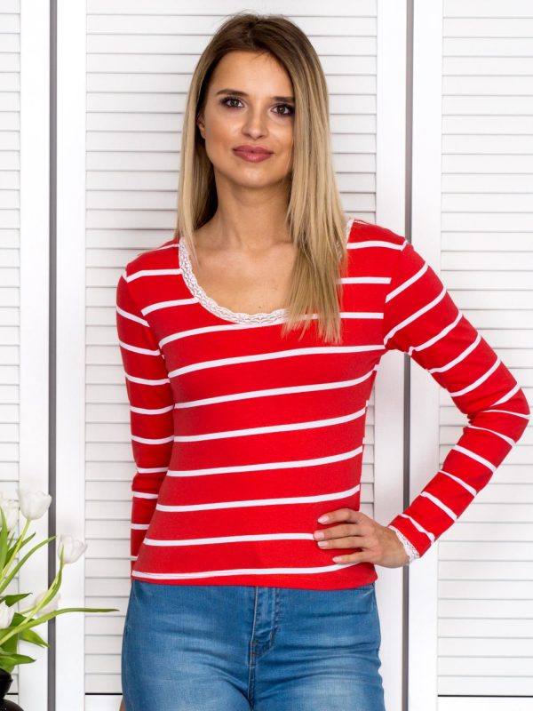 Wholesale Coral Striped Blouse with Lace Trim