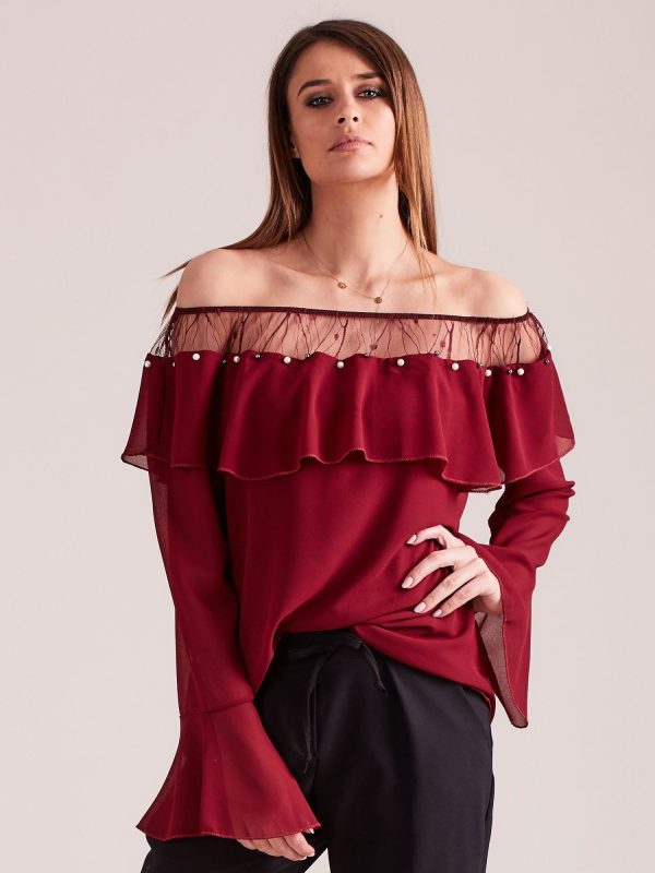 Wholesale Burgundy blouse in Spanish style with flounce