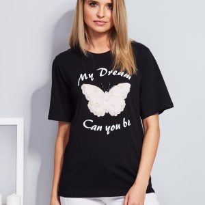 Wholesale Loose t-shirt with fur butterfly and black lettering