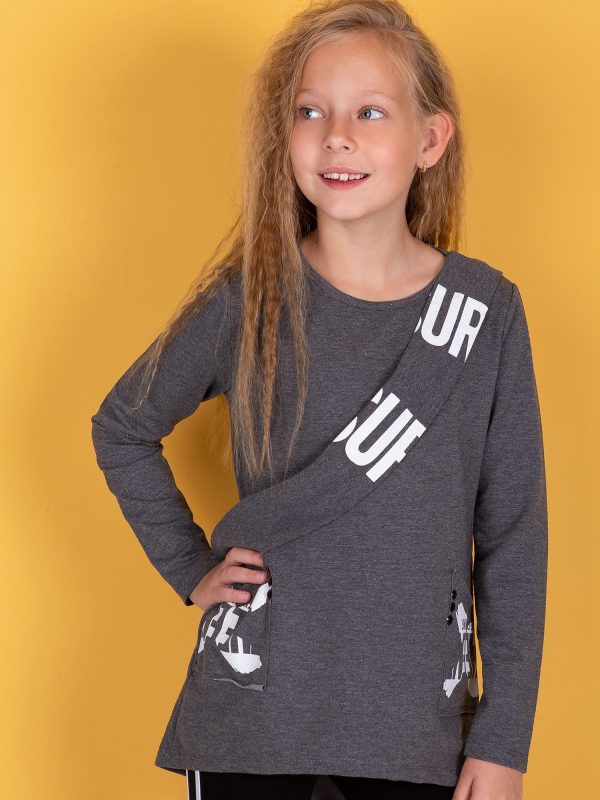 Wholesale Dark grey tunic for girl with print on pockets