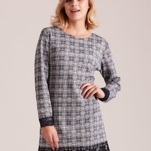 Wholesale Grey and yellow plaid dress with lace trim