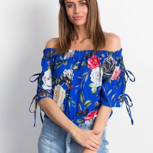 Wholesale Cobalt floral Spanish blouse with ribbed