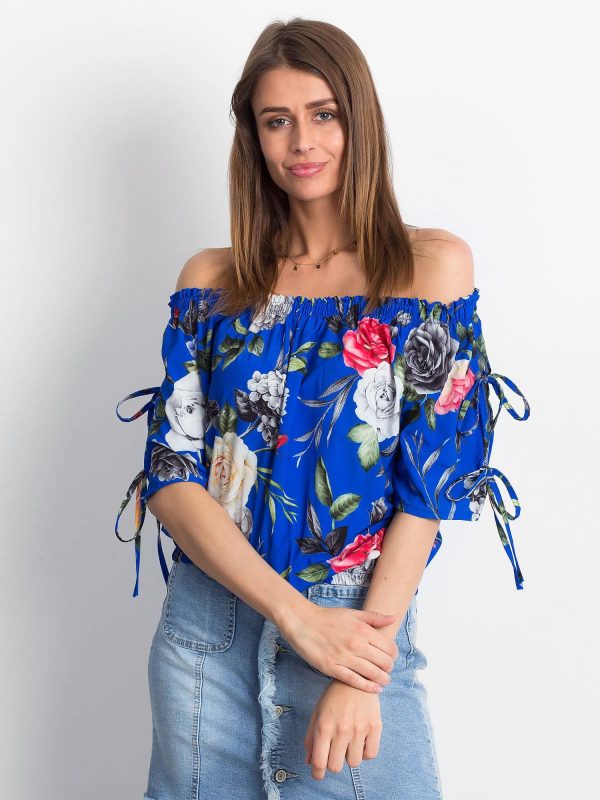 Wholesale Cobalt floral Spanish blouse with ribbed