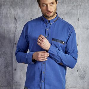 Wholesale Men's cotton shirt with suede inserts blue PLUS SIZE