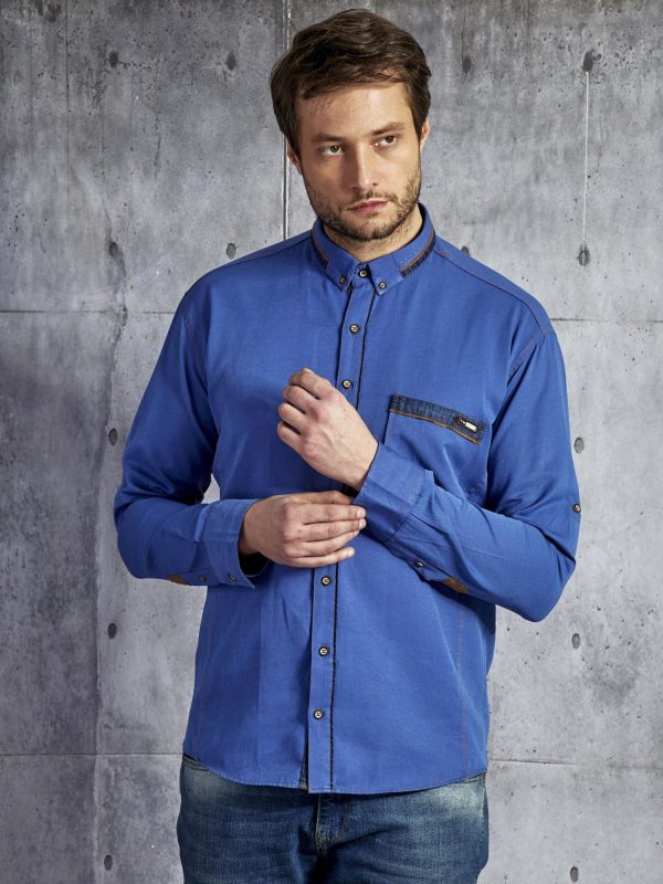 Wholesale Men's cotton shirt with suede inserts blue PLUS SIZE