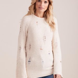 Wholesale Ecru loose sweater with lacing and wide sleeves