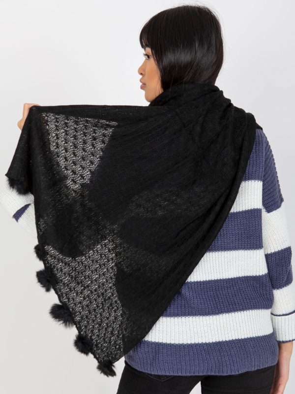 Wholesale Black openwork women's scarf with pompoms