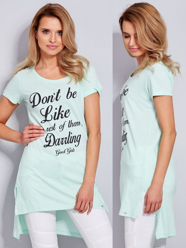 Wholesale Cotton mint tunic with inscriptions on the front