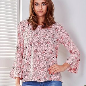 Wholesale Ecru-red blouse with polka dot and flamingos