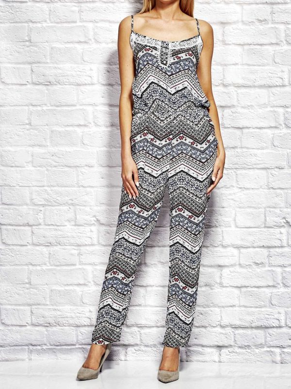 Wholesale Blue long jumpsuit in ethnic motifs