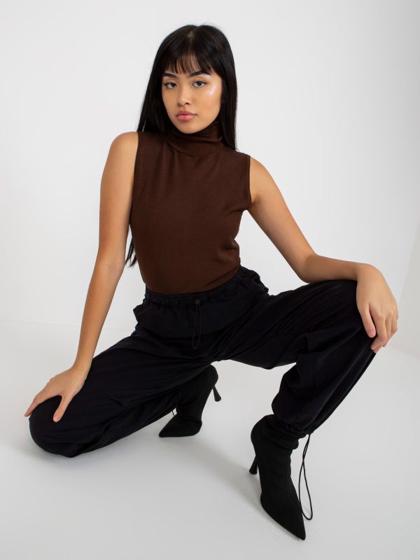 Wholesale Brown Smooth Sleeveless Turtleneck Sweater