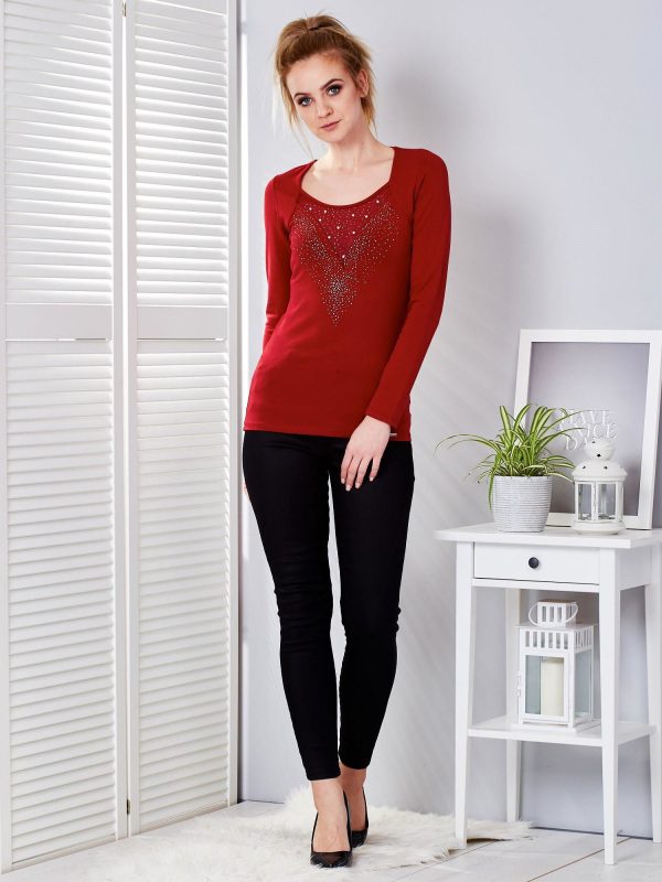 Wholesale Dark red blouse with jewellery neckline