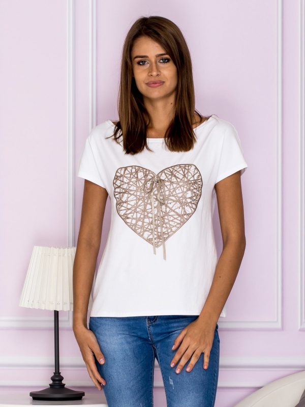 Wholesale Blouse with heart applique white-beige