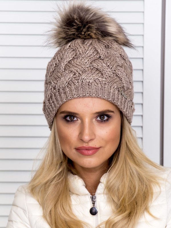 Wholesale Insulated cap with pompom and braided pattern dark beige