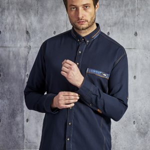 Wholesale Plain cotton shirt for men with stitching navy blue PLUS SIZE