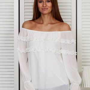 Wholesale Spanish blouse with frills and pearls white