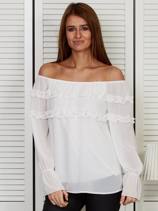 Wholesale Spanish blouse with frills and pearls white