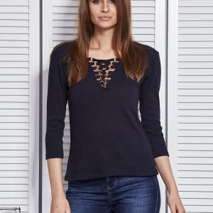 Wholesale Navy blue blouse with lace-up neckline