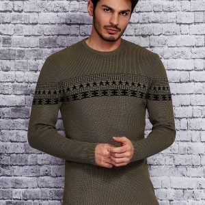 Wholesale Khaki Men's Sweater with Pattern Insert