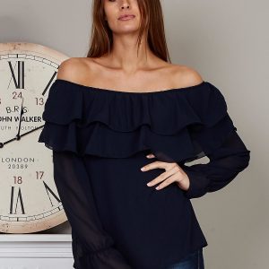 Wholesale Chiffon blouse with frills navy blue