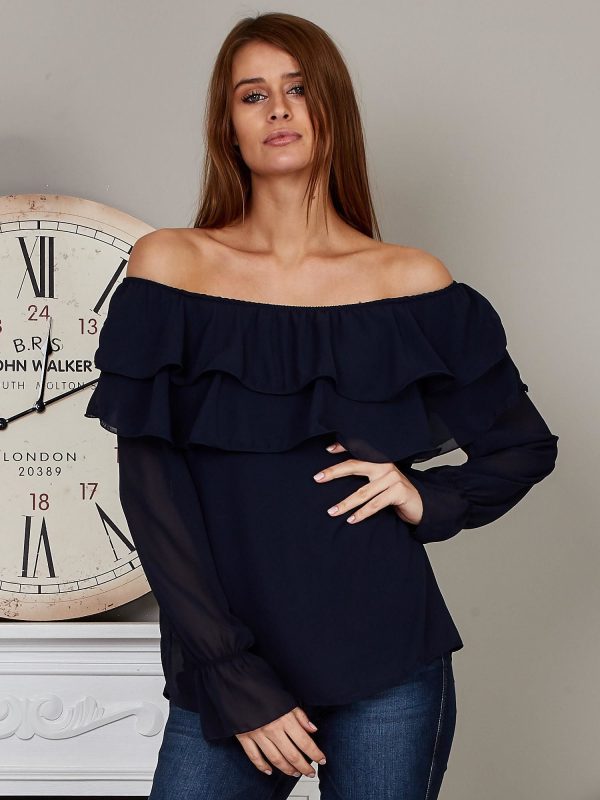 Wholesale Chiffon blouse with frills navy blue